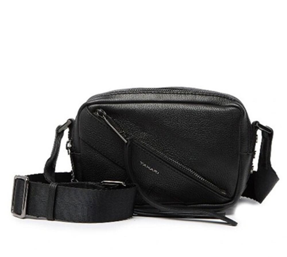 Tahari Solid Black Pebbled Leather “Icon” Crossbody Bag w/ Nylon Strap, NWT